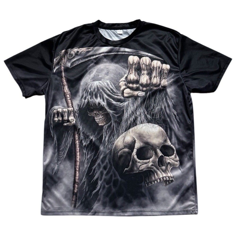 Y2K Mesh 'Love Hate' AOP Skull Grim Reaper Graphic Shirt Jersey